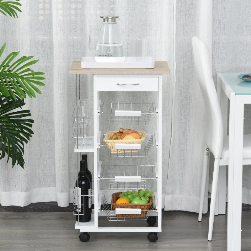 HOMCOM Multi-Use Kitchen Island Trolley w/ 4 Baskets 2 Side Racks Drawer Worktop White