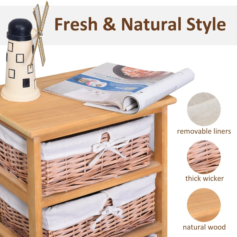 HOMCOM 4 Drawer Dresser Wicker Basket Storage Shelf Unit Wooden Frame Home Organisation Cabinet Bedroom Office Furniture Natural Finish