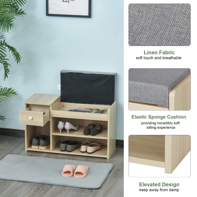 HOMCOM MDF Multi-Compartment Shoe Storage Bench Grey/Oak