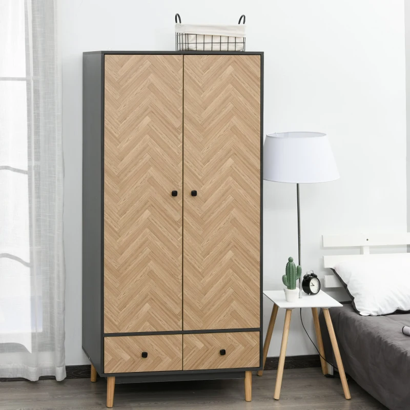 HOMCOM Cloth Wardrobe, Wood Grain Sticker Surface with Shelf, Hanging Rod and 2 Drawers 90x50x190cm