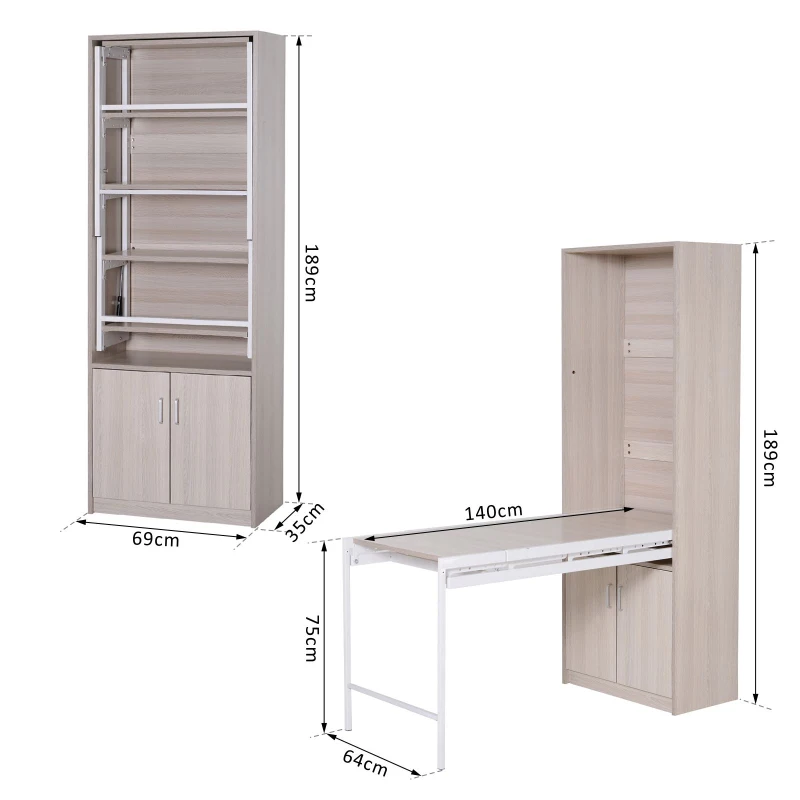 HOMCOM MDF 2-in-1 4 Tier Bookcase w/ Cabinet and Drop-Leaf Table Oak Tone