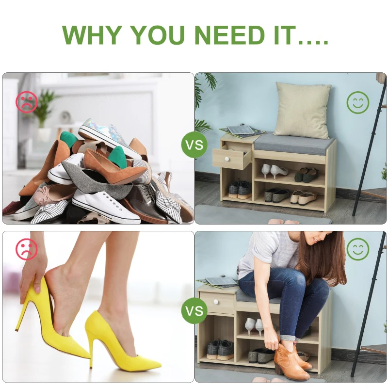 HOMCOM MDF Multi-Compartment Shoe Storage Bench Grey/Oak