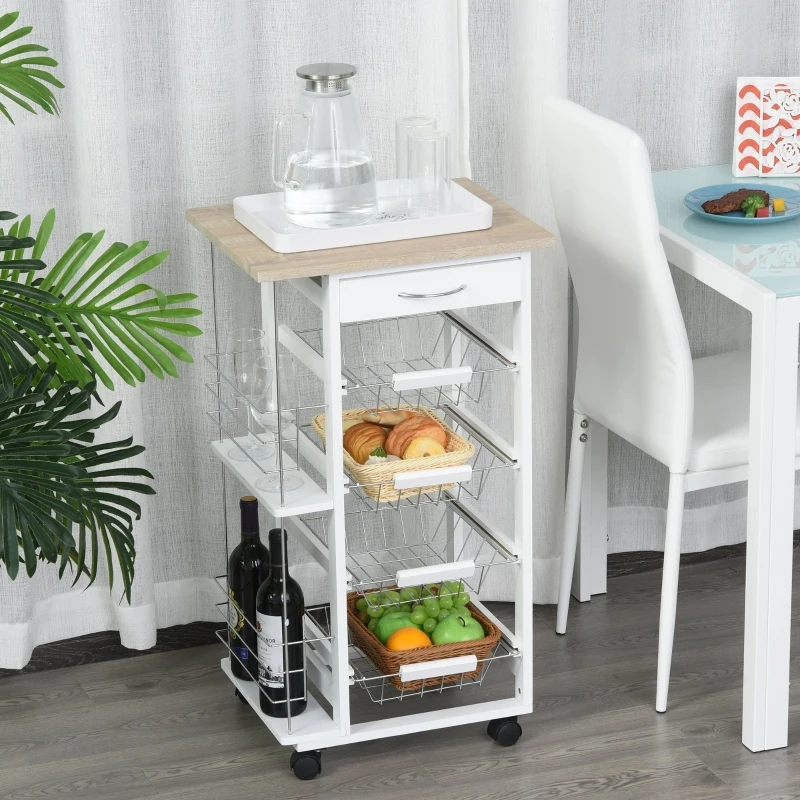 HOMCOM Multi-Use Kitchen Island Trolley w/ 4 Baskets 2 Side Racks Drawer Worktop White