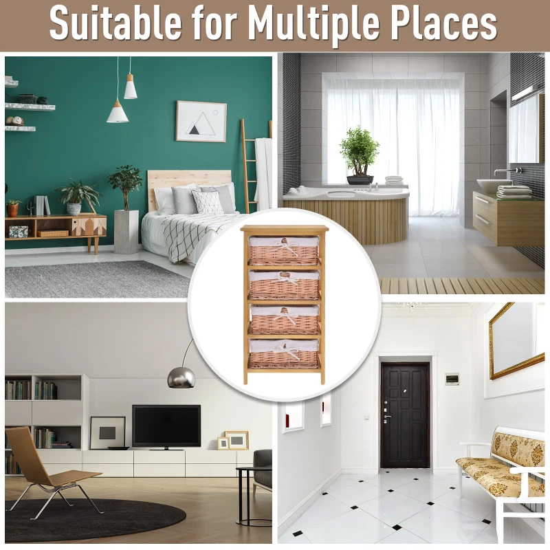 HOMCOM 4 Drawer Dresser Wicker Basket Storage Shelf Unit Wooden Frame Home Organisation Cabinet Bedroom Office Furniture Natural Finish