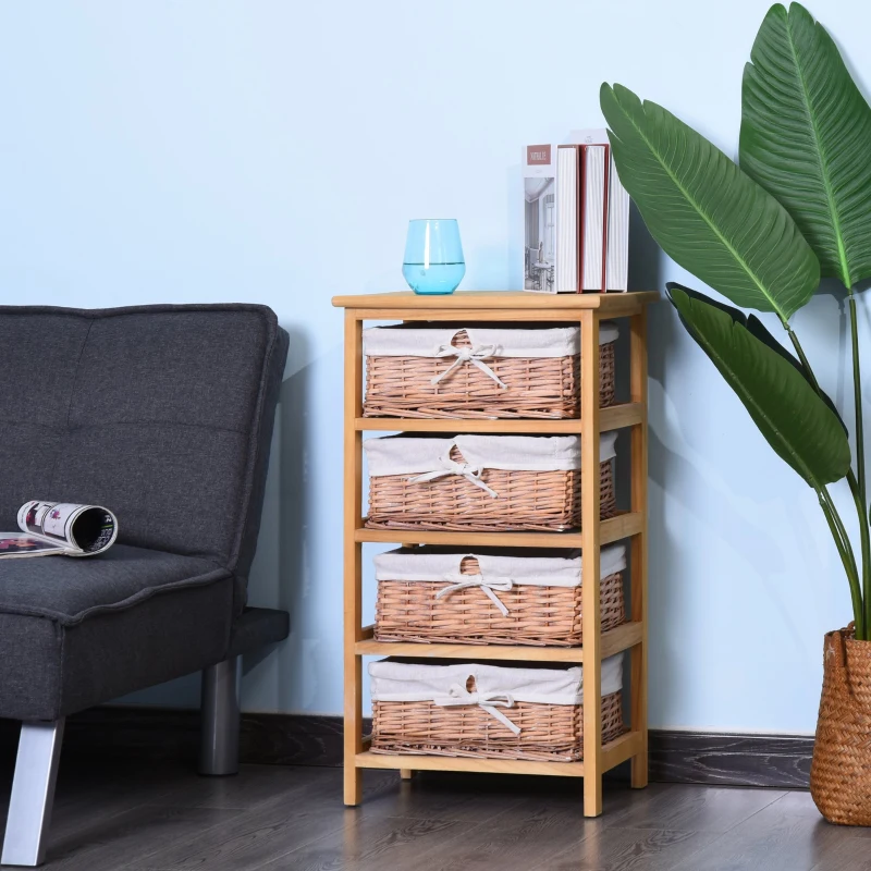 HOMCOM 4 Drawer Dresser Wicker Basket Storage Shelf Unit Wooden Frame Home Organisation Cabinet Bedroom Office Furniture Natural Finish