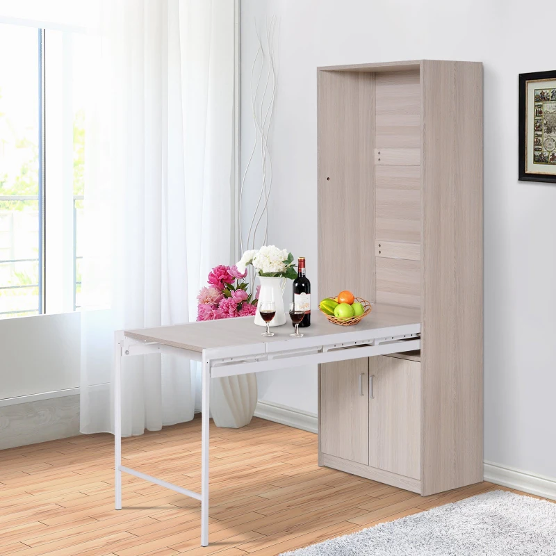 HOMCOM MDF 2-in-1 4 Tier Bookcase w/ Cabinet and Drop-Leaf Table Oak Tone