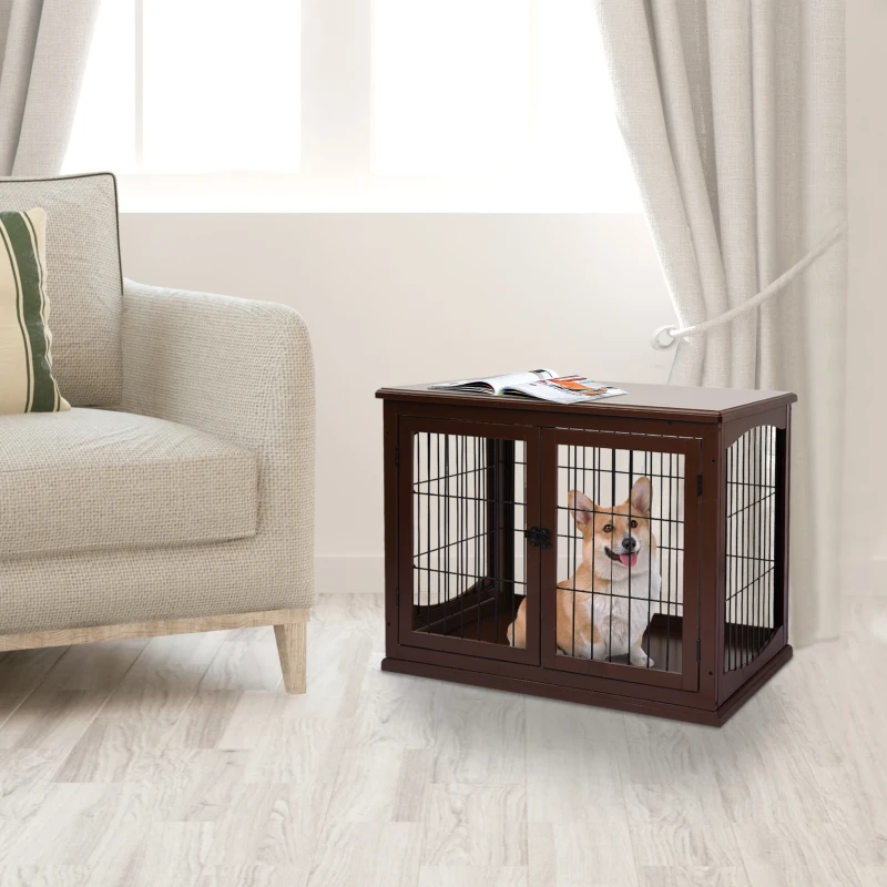 PawHut Small Dog Wooden Crate, 66cm Indoor w/ Metal Wire 3 Doors Latches Base Brown