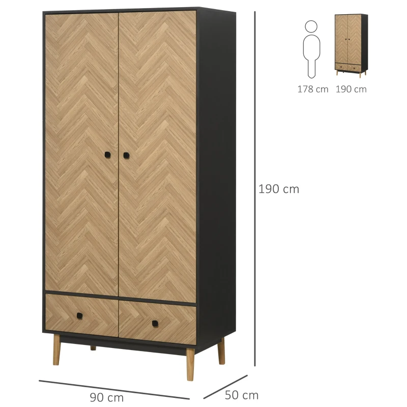 HOMCOM Cloth Wardrobe, Wood Grain Sticker Surface with Shelf, Hanging Rod and 2 Drawers 90x50x190cm
