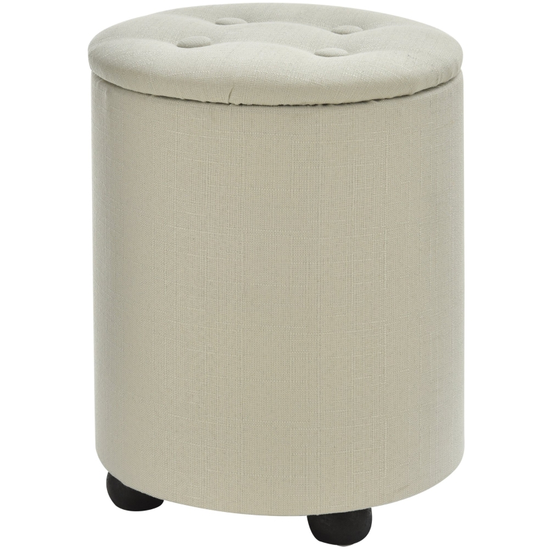HOMCOM Linen Upholstered Round Ottoman Stool Cream White