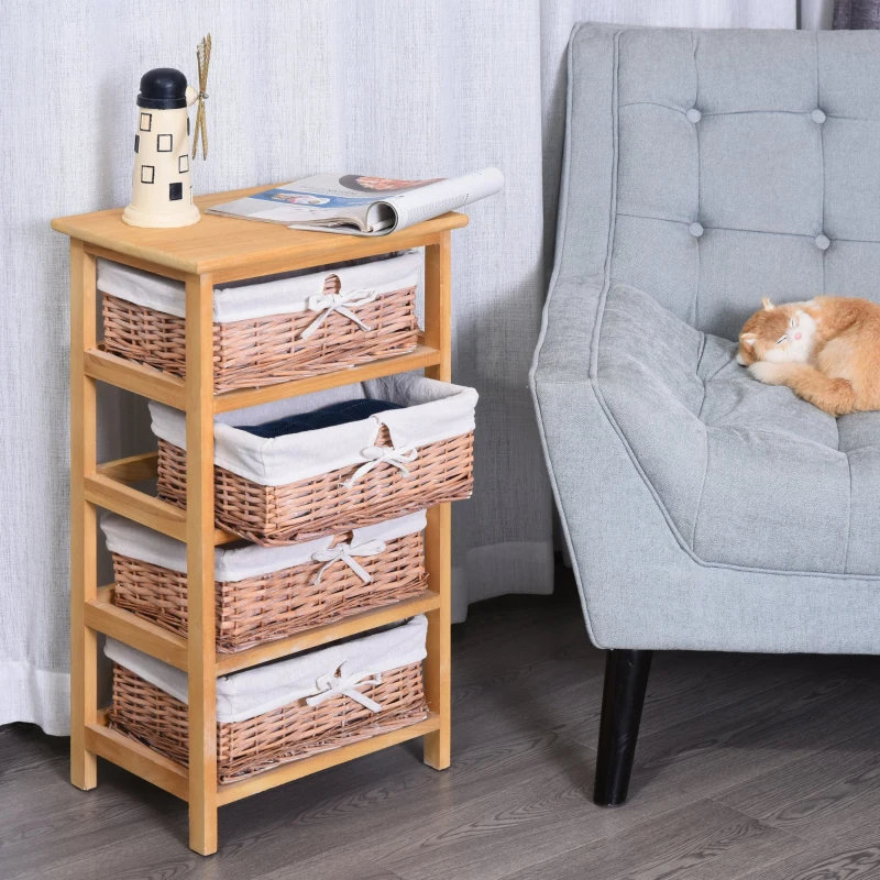 HOMCOM 4 Drawer Dresser Wicker Basket Storage Shelf Unit Wooden Frame Home Organisation Cabinet Bedroom Office Furniture Natural Finish