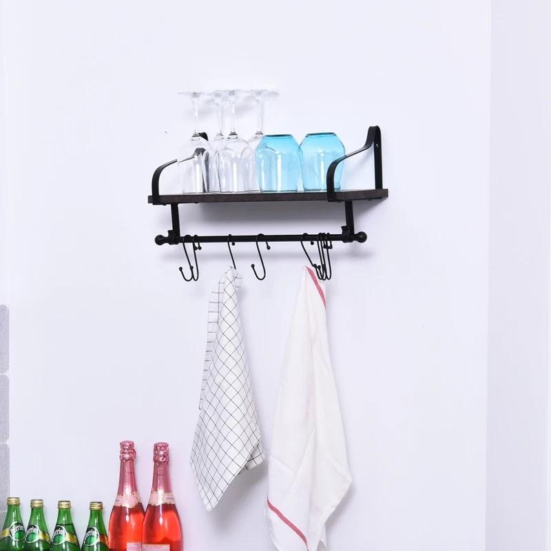 HOMCOM 21x48cm On-Wall Shelf & Rail 8 Hook Unit Metal Frame Wood Board Storage Grey