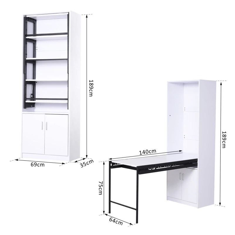 HOMCOM MDF 2-in-1 4 Tier Bookcase w/ Cabinet and Drop-Leaf Table Black