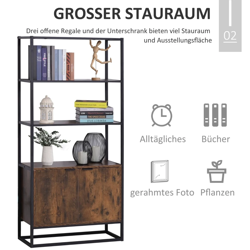 HOMCOM Boekenplank vrijstaande stelling kantoorplank 3 planken met 1 kast industrieel design