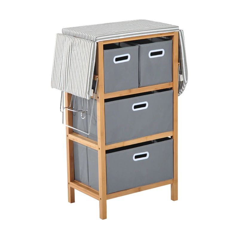 HOMCOM Bamboo Folding Ironing Board W/Storage Boxes-Black/White Strip, Grey