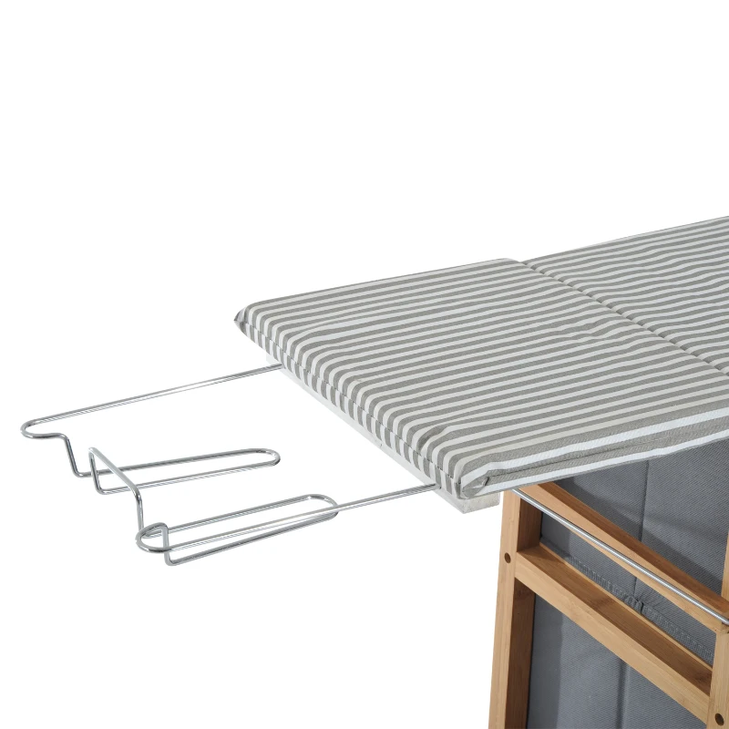 HOMCOM Bamboo Folding Ironing Board W/Storage Boxes-Black/White Strip, Grey