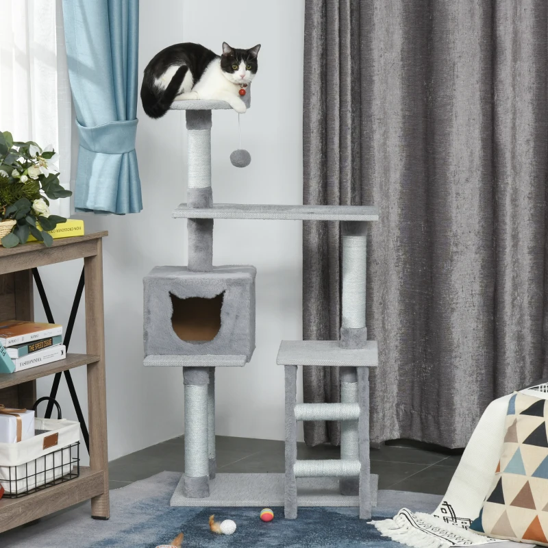 krabpaal kattenboom met kattengrot trap E1 spaanplaat jute grijs