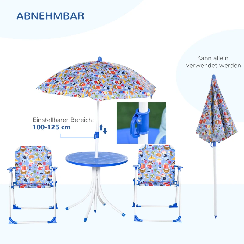 Outsunny 4-delige kinderzitgroep tuintafel 2 klapstoelen parasol 3-5 jaar blauw