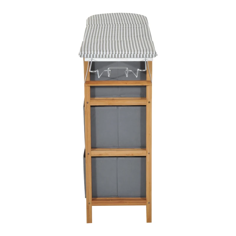 HOMCOM Bamboo Folding Ironing Board W/Storage Boxes-Black/White Strip, Grey
