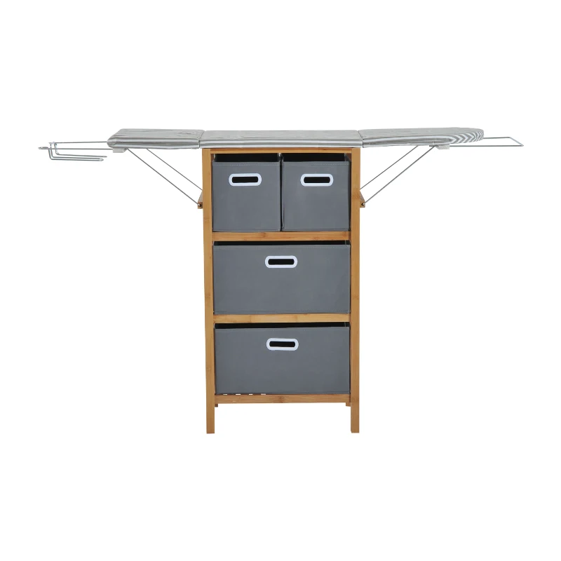 HOMCOM Bamboo Folding Ironing Board W/Storage Boxes-Black/White Strip, Grey
