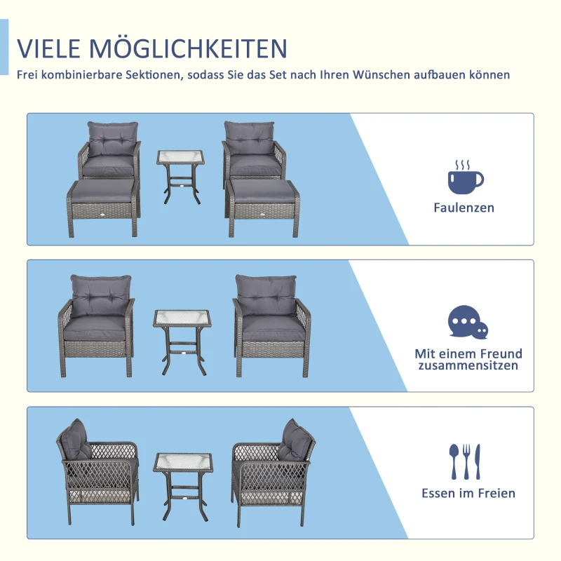 Rotan tuinmeubelen 5-delige Zitset bank met poef tafel staal grijs