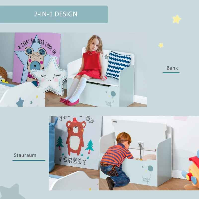 HOMCOM Kinderbank met opbergruimte 2-in-1 kistbank 3-8 jaar speelgoedkist lichtblauw