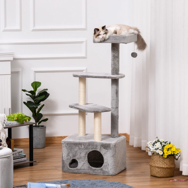 PawHut Krabpaal kattenboom met kattengrot speelbal E1 MDF sisal grijs