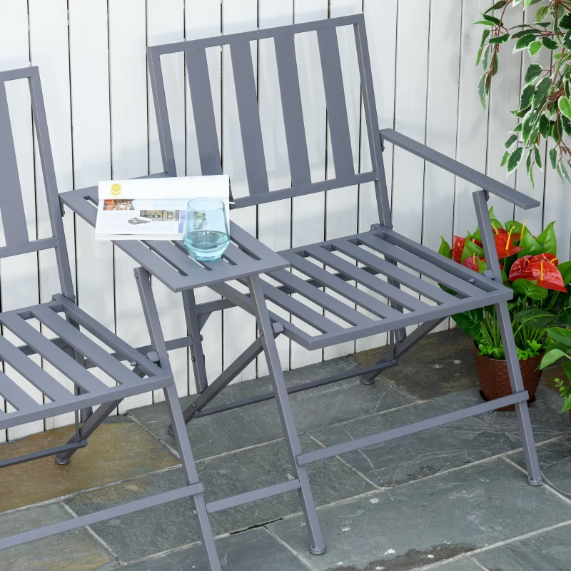Outsunny Dubbele fauteuil met tafel tuinstoel inklapbaar staal 141 x 60 x 87 grijs