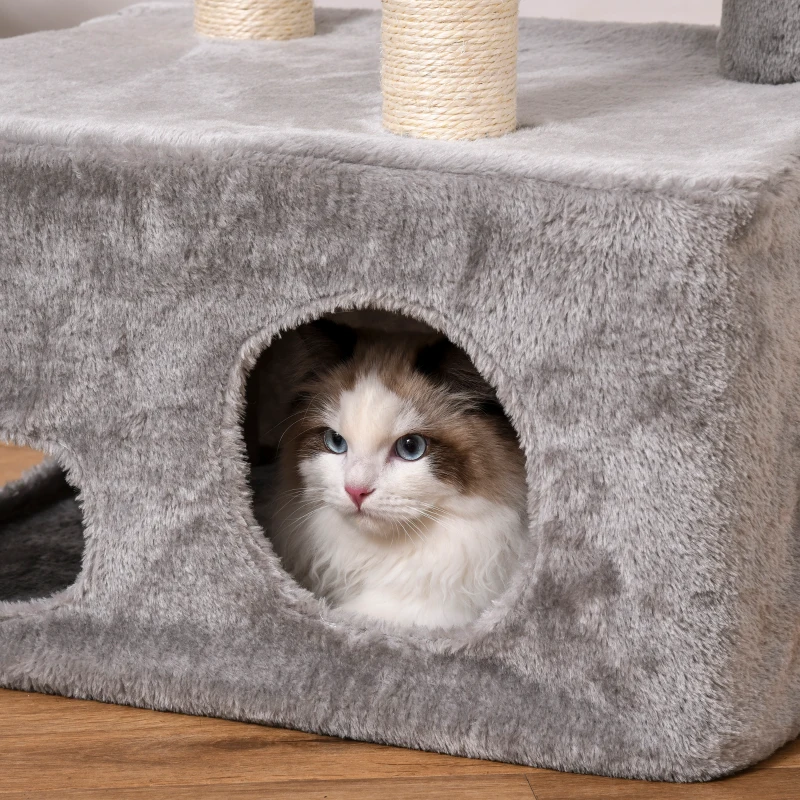 PawHut Krabpaal kattenboom met kattengrot speelbal E1 MDF sisal grijs