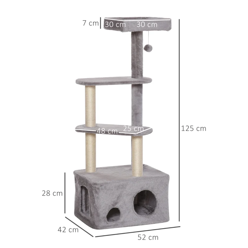 PawHut Krabpaal kattenboom met kattengrot speelbal E1 MDF sisal grijs