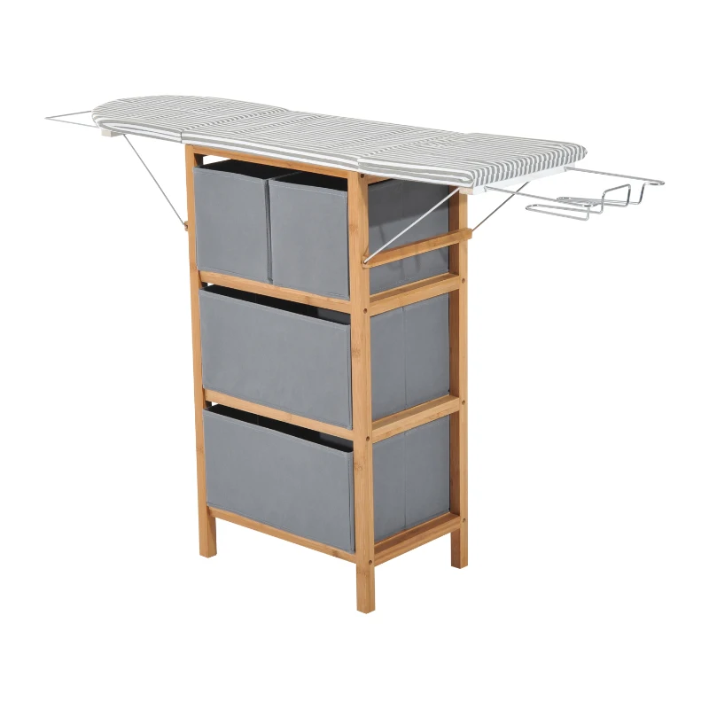 HOMCOM Bamboo Folding Ironing Board W/Storage Boxes-Black/White Strip, Grey
