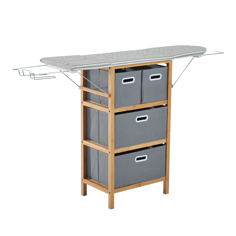 HOMCOM Bamboo Folding Ironing Board W/Storage Boxes-Black/White Strip, Grey