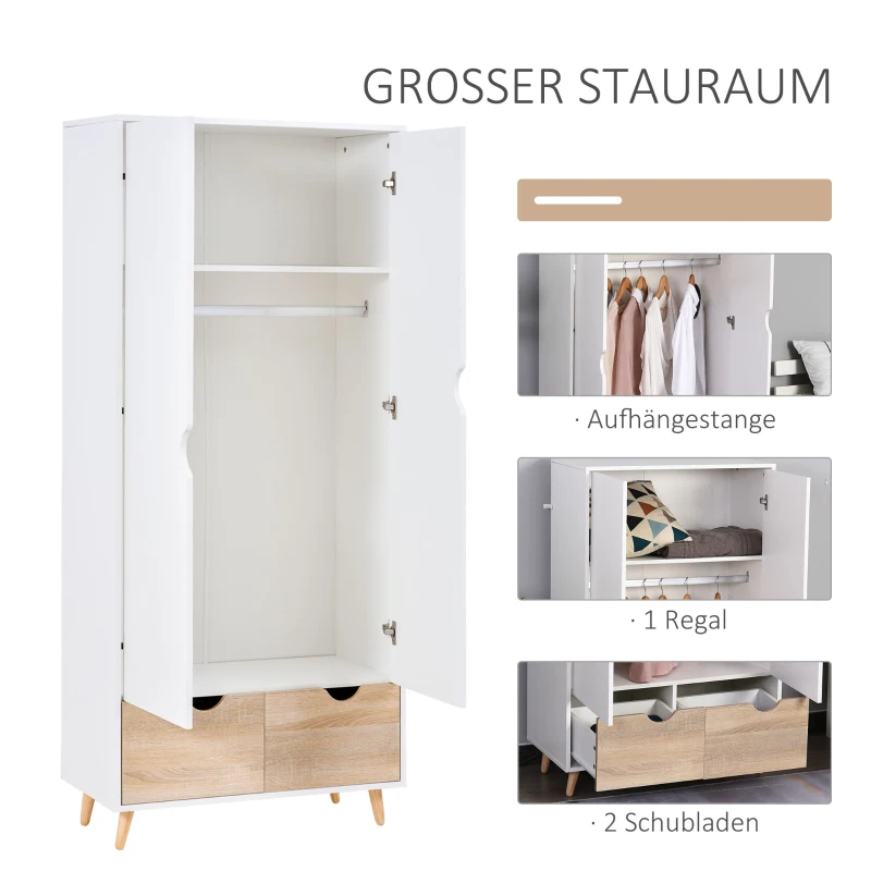 HOMCOM Kledingkast garderobekast met stang schuiflade wit + naturel