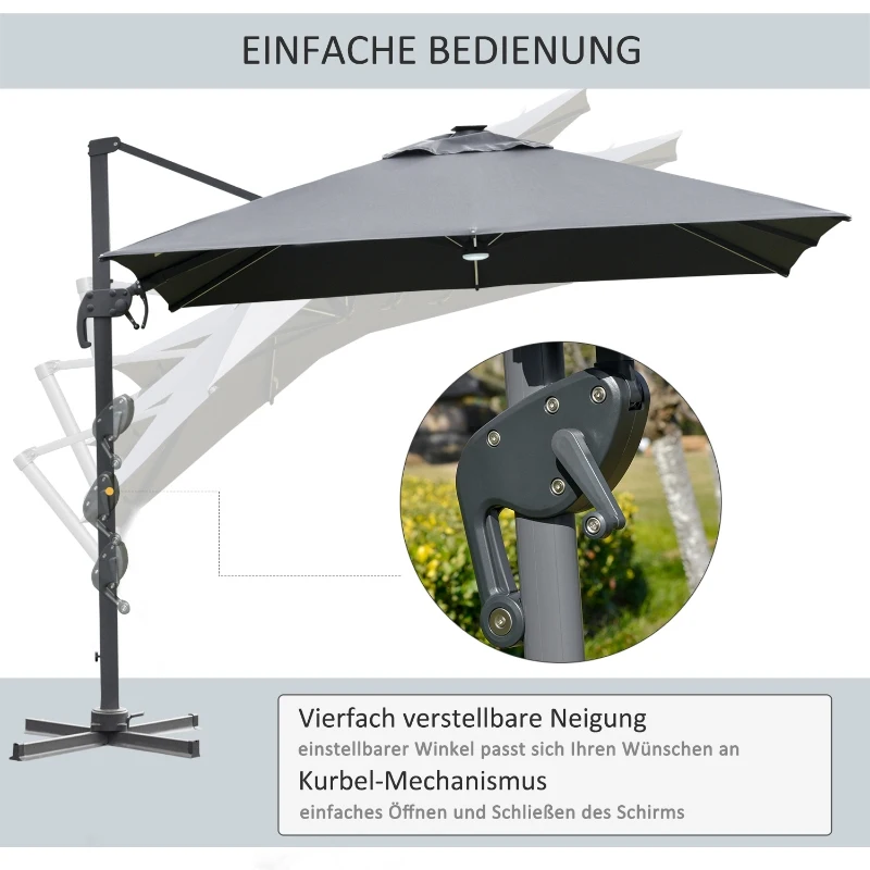 Outsunny Parasol 3x3m zweefparasol alu roma scherm met zonne-energie LED-verlichting neigbaar