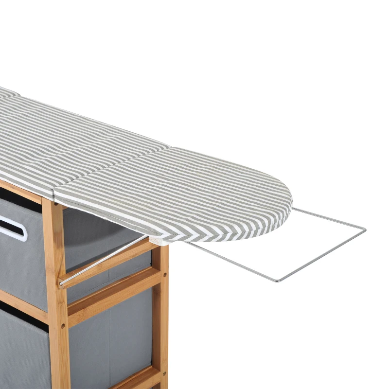HOMCOM Bamboo Folding Ironing Board W/Storage Boxes-Black/White Strip, Grey