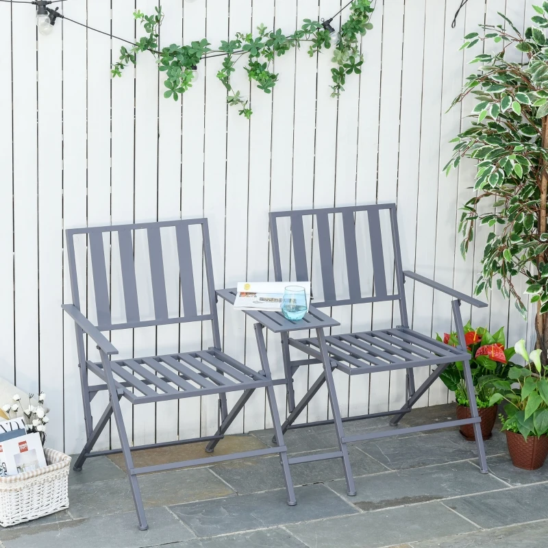 Outsunny Dubbele fauteuil met tafel tuinstoel inklapbaar staal 141 x 60 x 87 grijs
