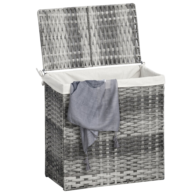 Poly-rotan wasmand wasbox met deksel waszak handgrepen grijs