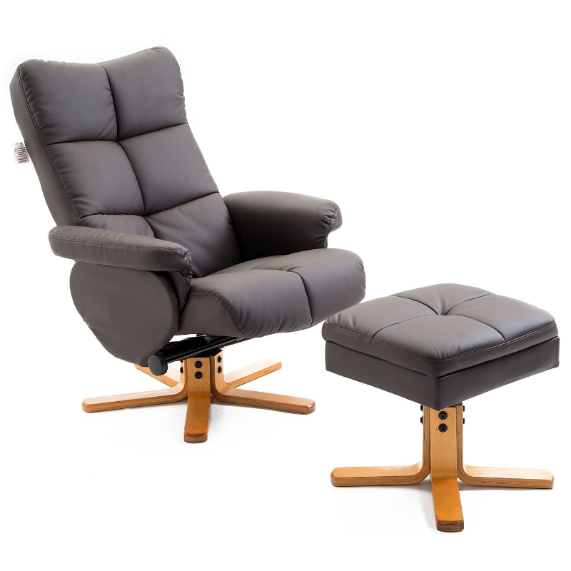 Wooden Recliner PU Leather Chair Adjustable Base Swivel and