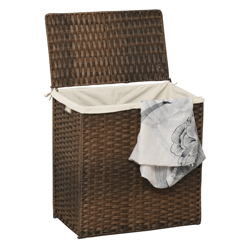 Polyrotan wasmand wasbox met deksel waszak hengsels bruin