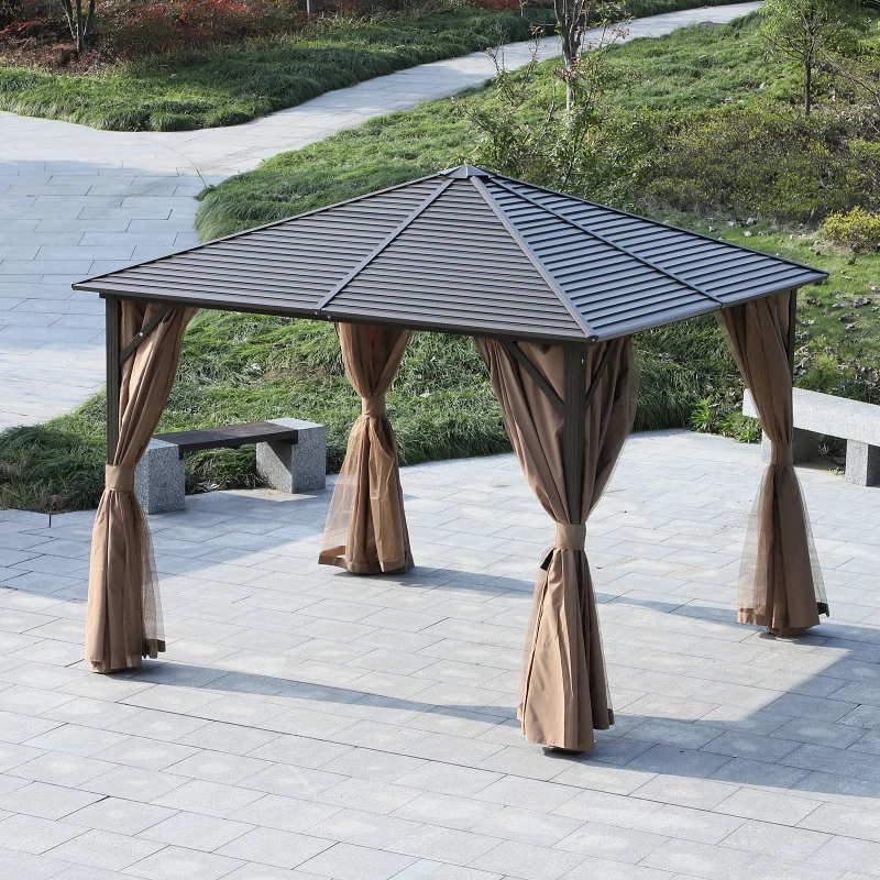 Outsunny Steel Hardtop Gazebo Patio Tent Outdoor Sun Shelter Aluminum w/ Curtain