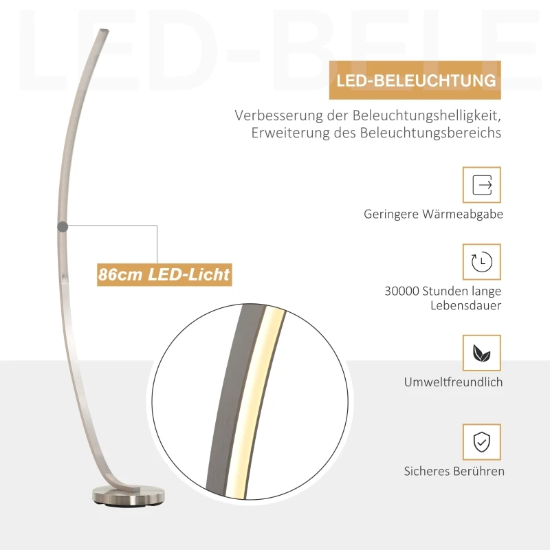 HOMCOM LED vloerlamp in gebogen vorm vloerlamp staande lamp 3000 K kleurtemperatuur aluminium