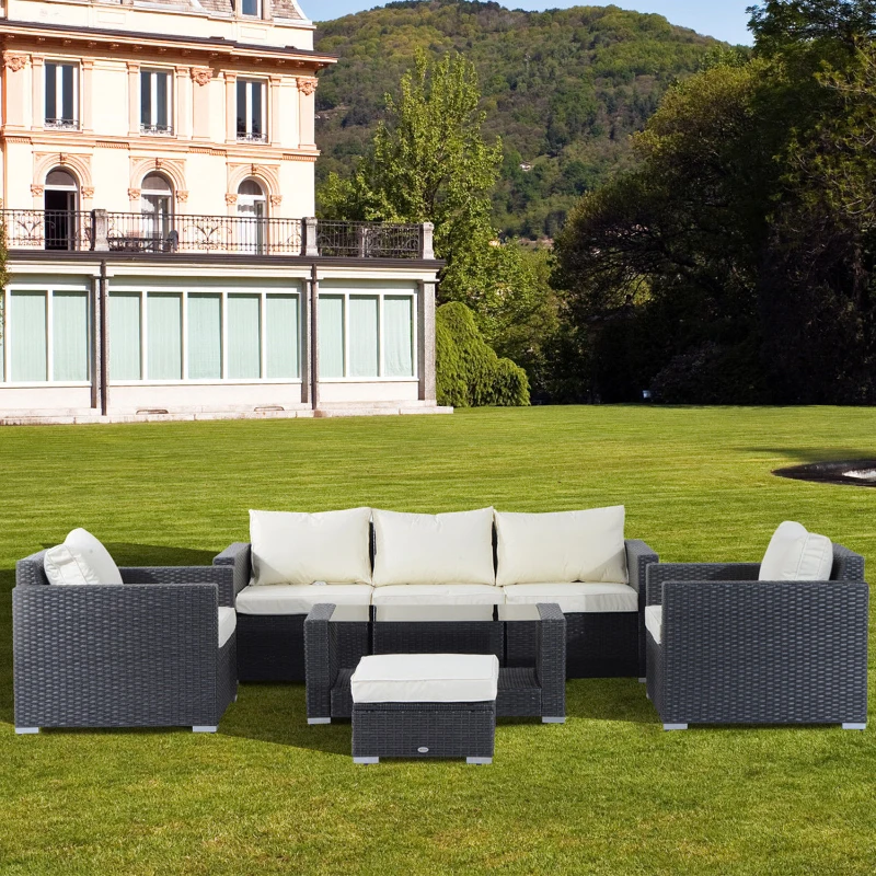 Outsunny 7 pc Rattan Sofa Set W/ Cushions-Black/Beige