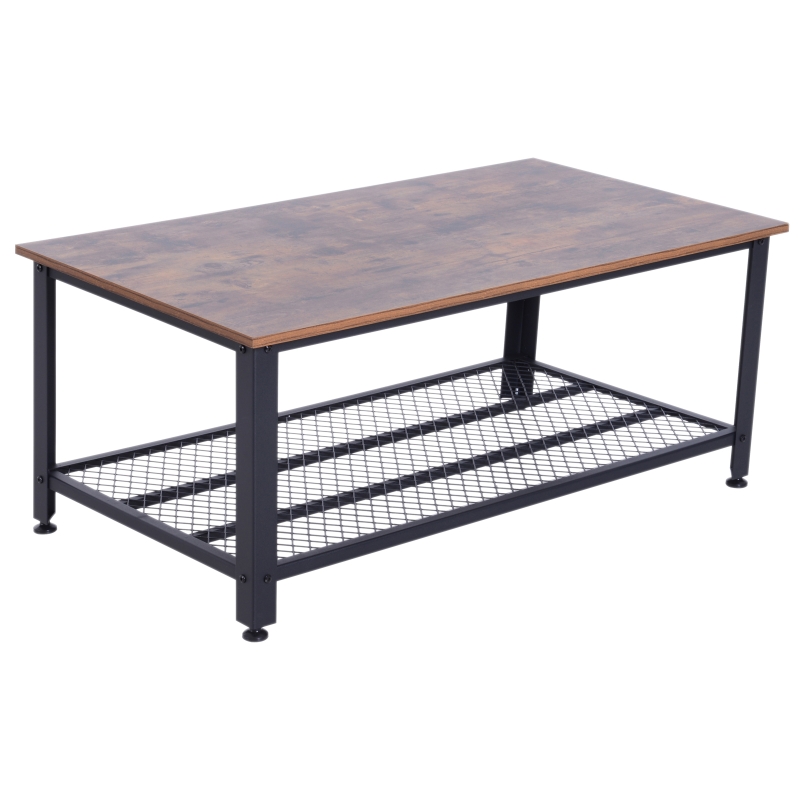 HOMCOM 2-Tier Wooden Coffee Table Retro Industrial Style Side Desk Living Room Shelf