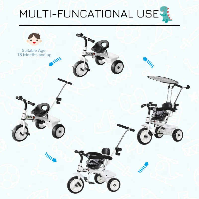 HOMCOM 4 in 1 Tricycle for Kids Toddler Trike with Parent Handle Adjustable Handle Canopy