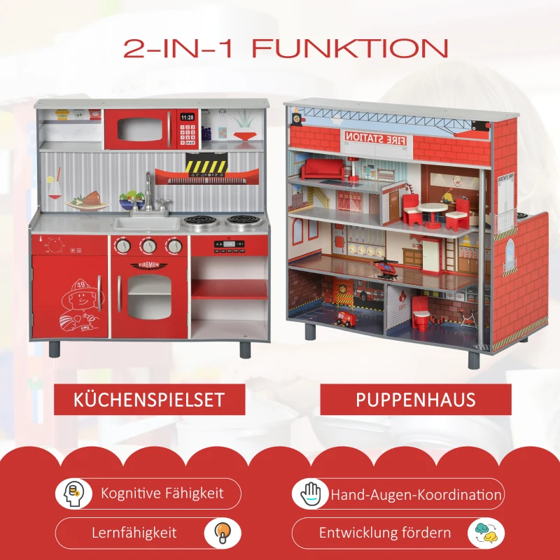Kinderkeuken en kinderbrandweerkazerne 2-in-1 speelkeuken met accessoires 3+ grenen MDF