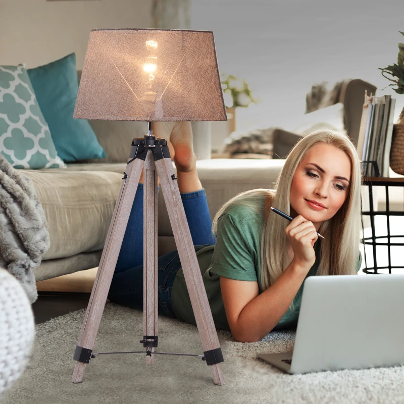 HOMCOM Tripod Floor Lamps for Living Room Bedroom, Modern Adjustable Standing Lamp with Wood Legs, Drum Fabric Shade, 99-143cm, Grey