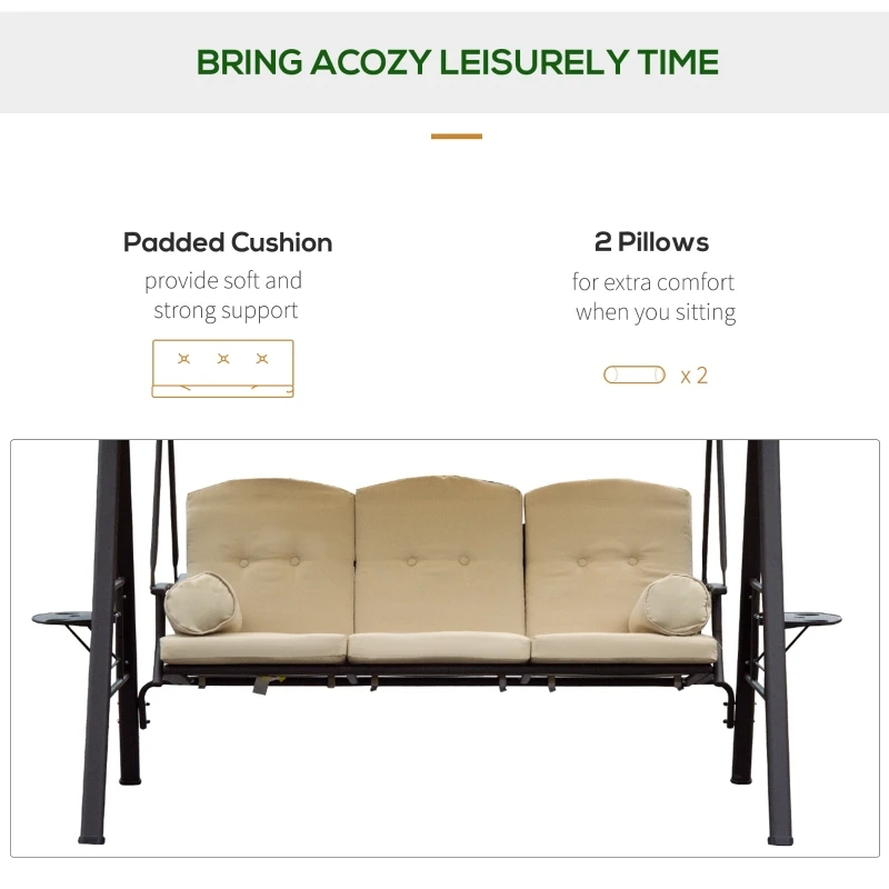 Outsunny Swing Chair Hammock 3 Seater Canopy Cushion Shelter Outdoor Bench Steel Beige Garden