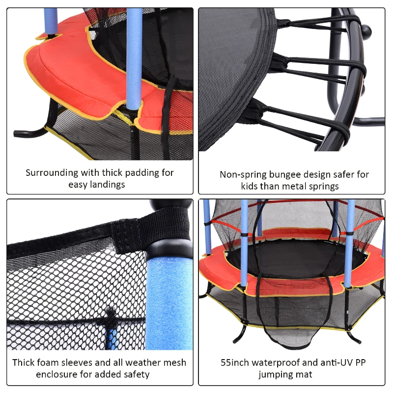 HOMCOM 55" 4.5ft Junior Kids Trampoline With Safety Net Enclosure & Cover Garden Outdoors Round Bouncer Rebounder - Black/Red/Blue