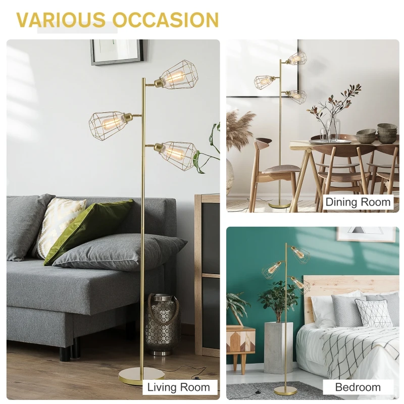 HOMCOM Modern Floor Lamp, 3-Light Standing Lamp, Gold Tone Finish, Steel Frame, Foot Switch, Round Base, E27 Living Room Gold