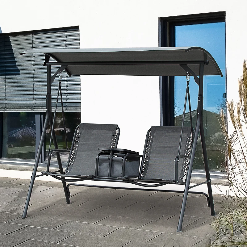 Outsunny 2-Seat Swing Chair Middle Table Steel Frame Adjustable Canopy Sling Seats Grey