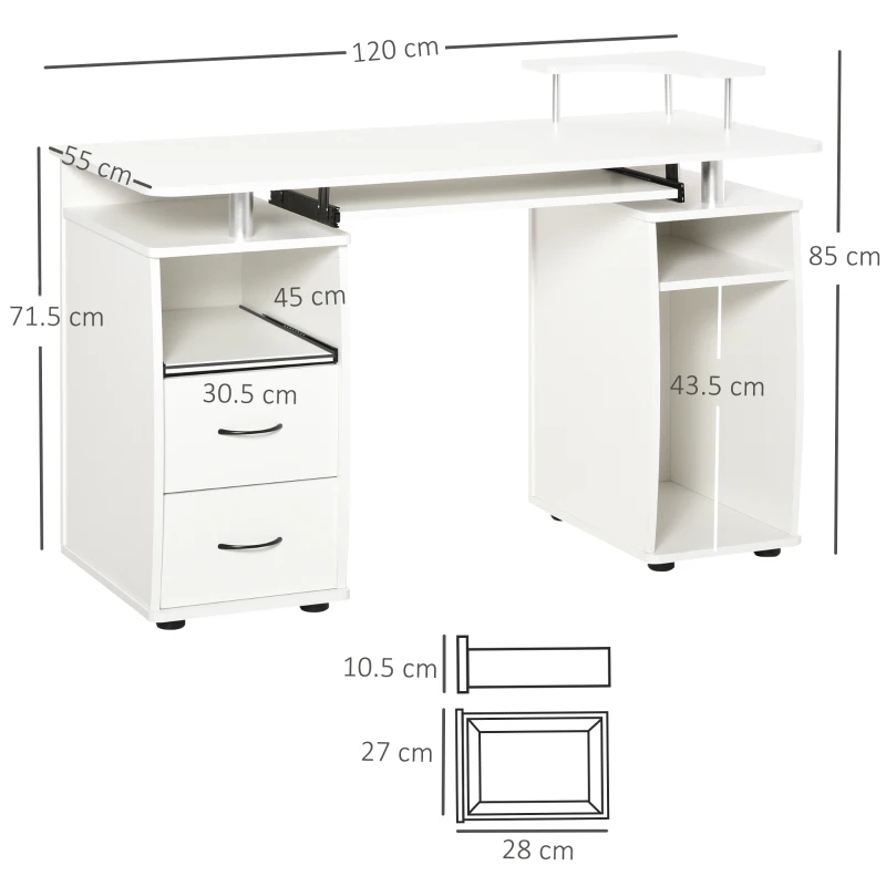 HOMCOM Computer Office Desk PC Table Workstation with  Keyboard Tray, Drawers, White